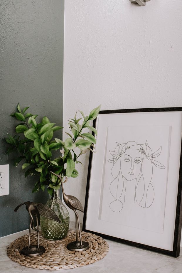 Framed line-drawing print hung above greenery — photo by Mizzu Cho on Pexels