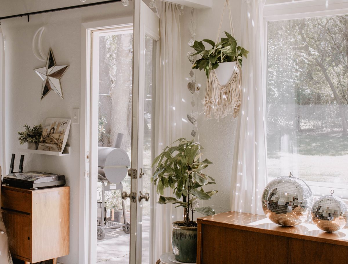 Sunlit indoor space adorned with hanging houseplants and vintage accents