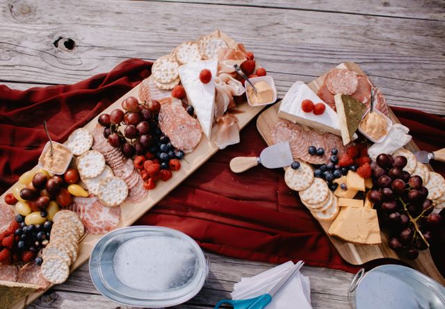 Vue de dessus d’une planche de charcuteries, fromages, fruits et crackers sur une table en bois