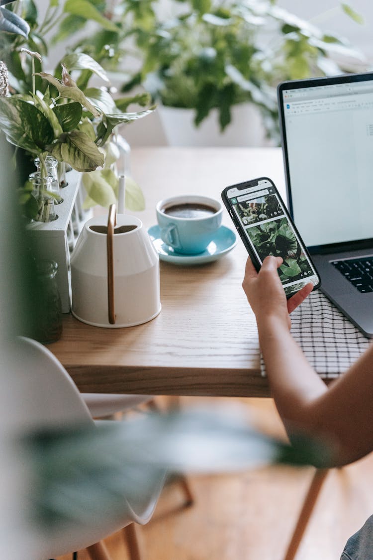 Crop Faceless Person Using Laptop And Smartphone In Light Room