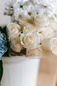 A close-up view of a delicate bouquet featuring white roses and hydrangeas, perfect for floral arrangements.