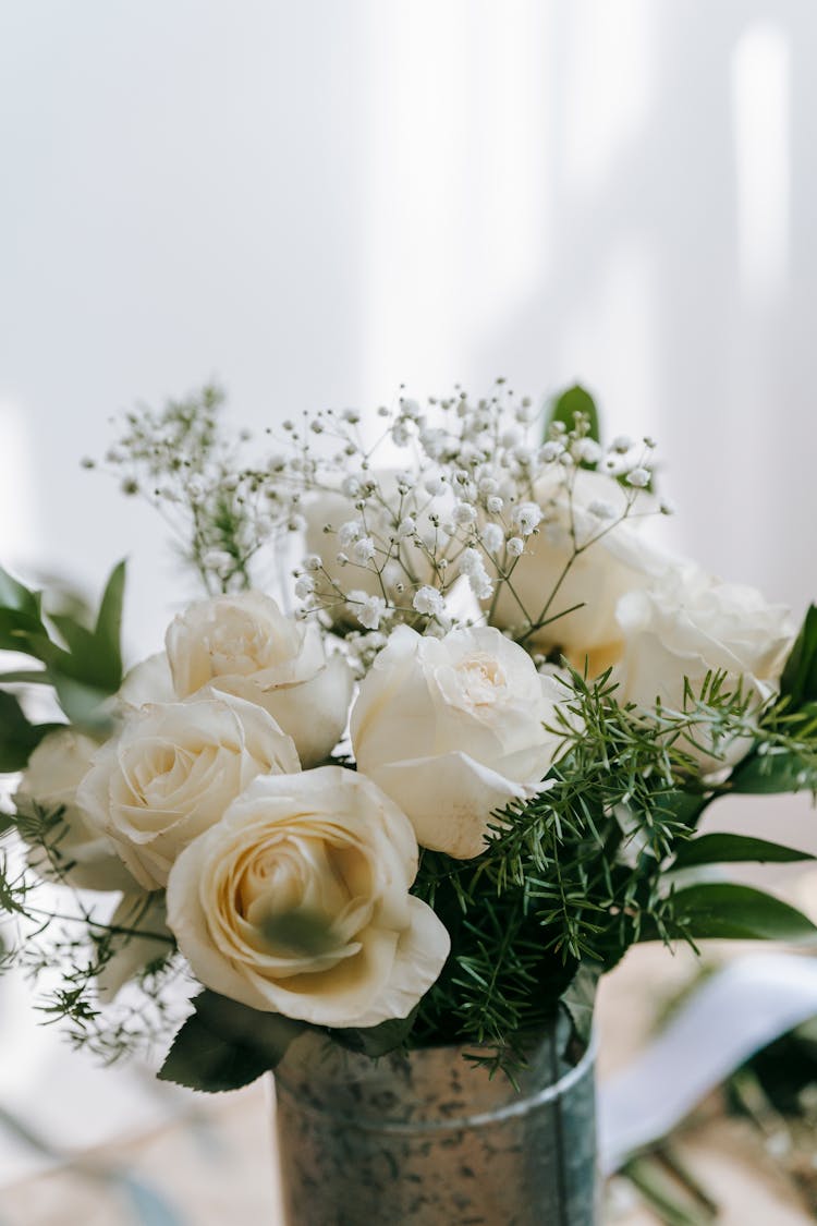 Bouquet Of Fresh White Roses In Metal Bucket