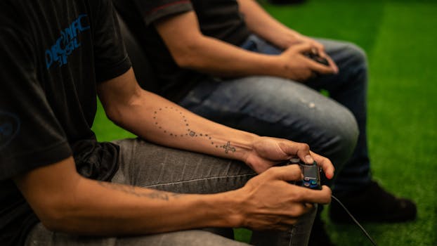 Tattooed men playing video games indoors, holding controllers on a green floor.