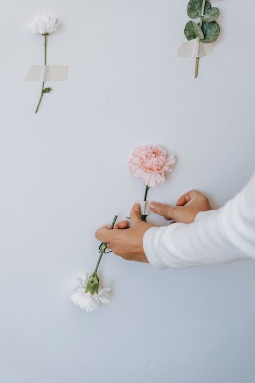 Crop florist making flower composition on white background