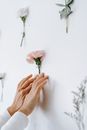 Crop unrecognizable worker using adhesive tape while gluing tender flowers with gentle petals to white wall