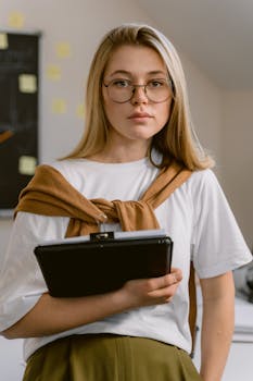 Confident young woman holding a tablet in a modern office setting.