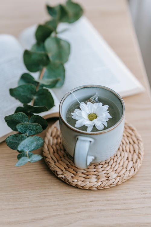 High angle of freshly brewed hot beverage with blossoming flower in cup on wicker mat against Eucalyptus plant sprig indoors