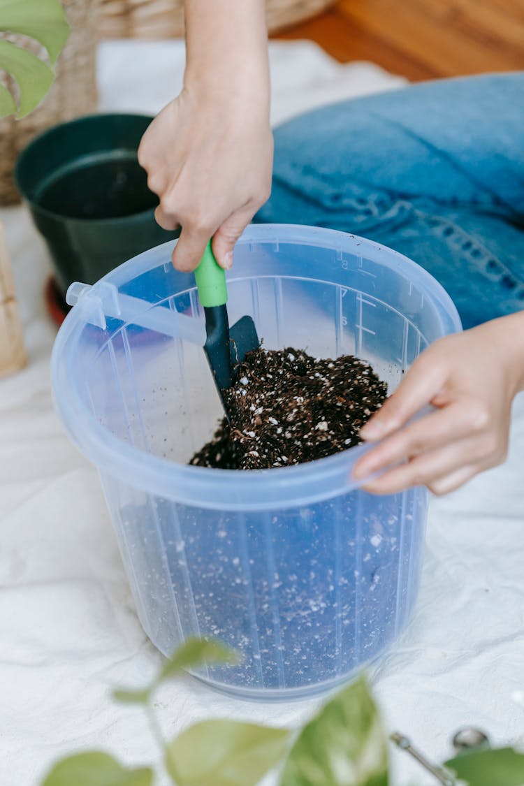 Crop Gardener Hoeing Soil With Shovel In Pot At Home