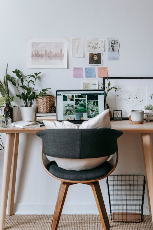 Chair with pillow placed at wooden table with modern netbook and green potted plants near wall with picture at home