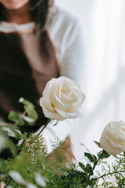 Tender roses with green leaves and white petals against unrecognizable crop florist in apron