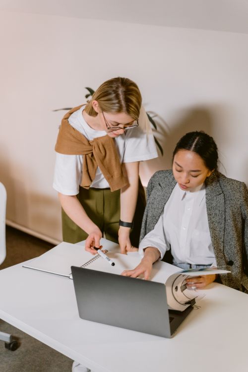 Free Two diverse colleagues brainstorm over a laptop in a modern office setting. Stock Photo