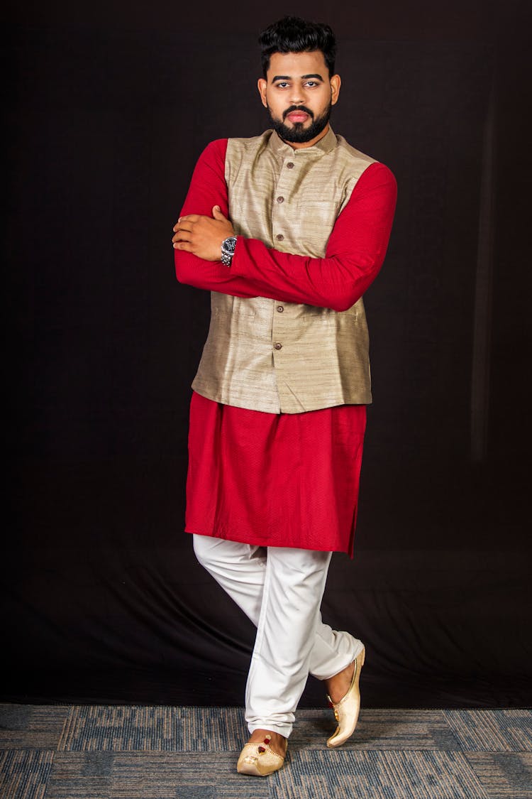 Bearded Man Wearing Red Kurta