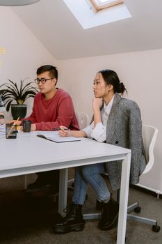 Two young professionals engaging in a collaborative business meeting.