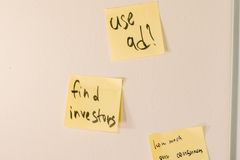 Yellow sticky notes with motivational business ideas on a white wall.