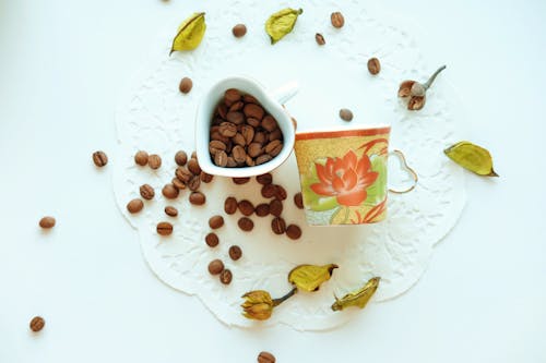 免费 棕色白色陶瓷容器上的咖啡豆 素材图片