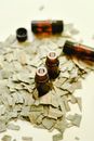Pieces of Cut Leaves and Brown Bottles