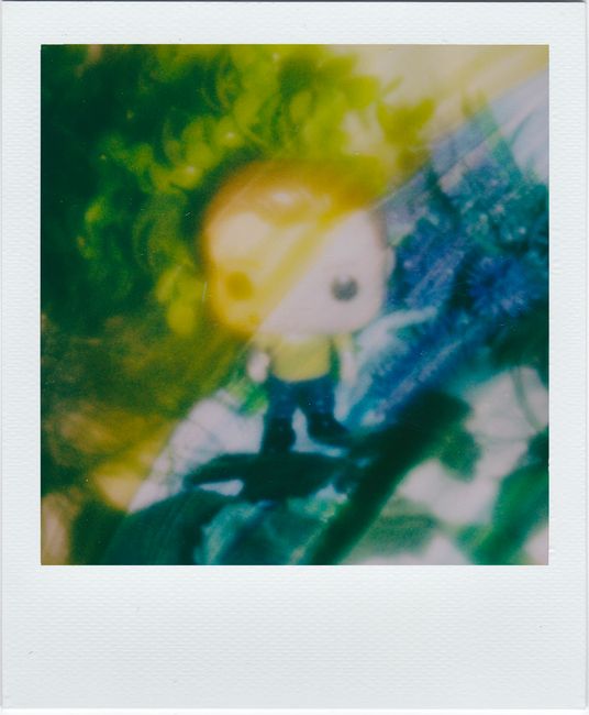 Vibrant blurred image of a toy figure in a vintage polaroid frame.