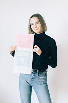 Young woman with paperwork holding tax forms and question sheet.
