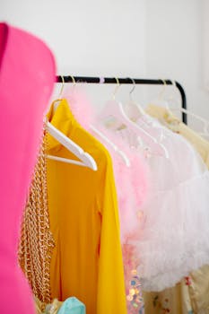 Vibrant garments on a clothes rack showcasing diverse styles and colors.