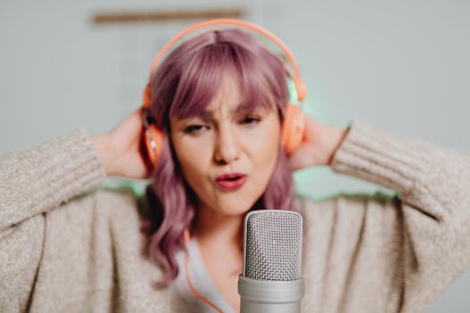 Woman with purple hair singing into a microphone wearing headphones indoors.