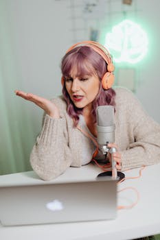 A woman using a microphone and headphones, speaking into a laptop during a podcast recording session.