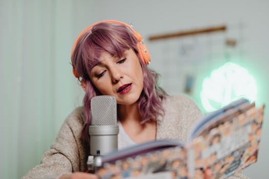 A woman wearing headphones reads from a book into a microphone indoors.