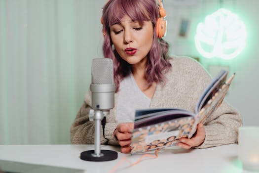 A woman podcasting while reading a book, wearing orange headphones.