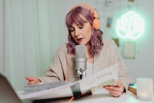 Woman with headphones podcasting indoors, speaking into a microphone while reading a book.