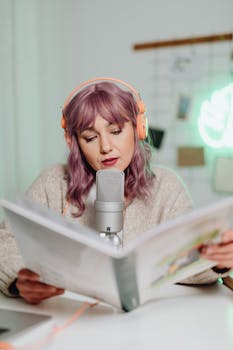 Woman podcasting indoors, reading from a book with microphone and headphones.