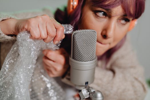 Close-up of a woman creating ASMR sounds with bubble wrap and a microphone.