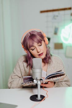 Woman podcasting in a studio, wearing headphones, reading from a book at a microphone.