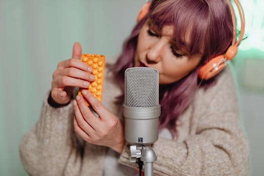 Young woman with headphones recording ASMR using a microphone and pill package.