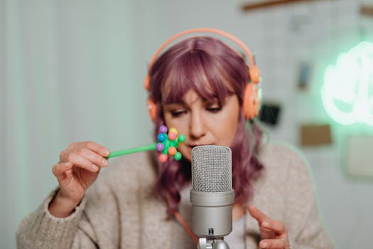 Woman with purple hair recording ASMR using a microphone and colorful props.