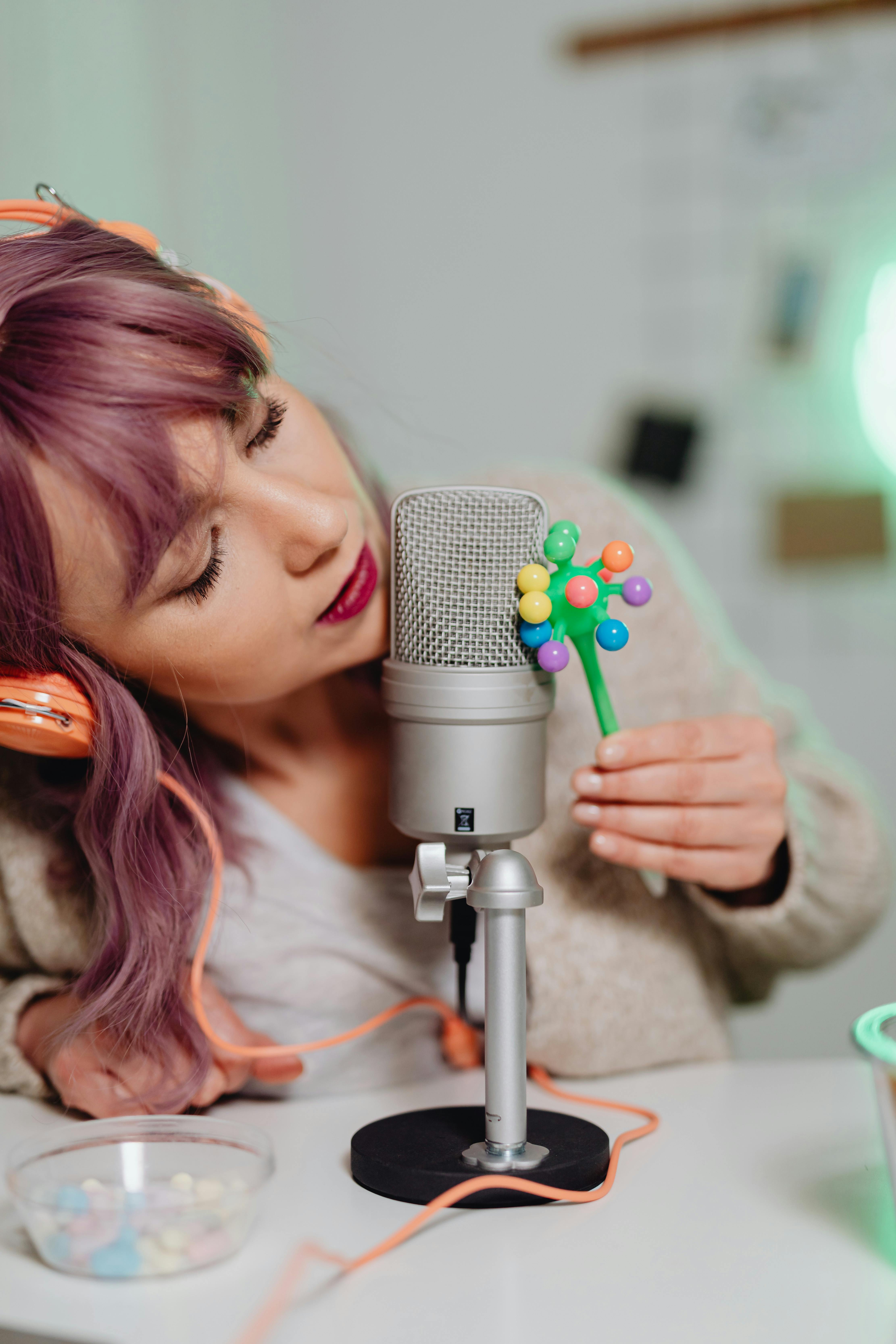Microphone and headphones for brand voice and podcast storytelling