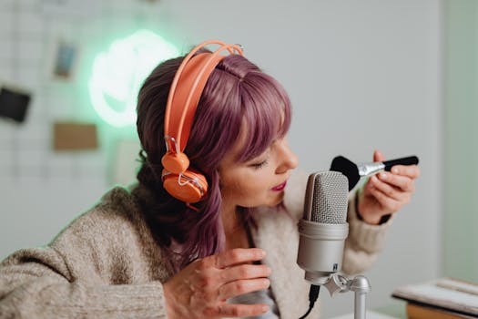 Young woman creating ASMR content with a microphone and headphones.