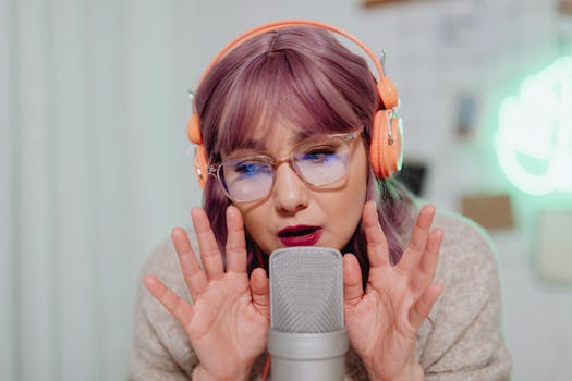 A woman with pink hair and headphones recording ASMR using a microphone indoors.
