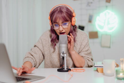 A young woman recording a podcast indoors with a microphone and headset, focused and engaged.