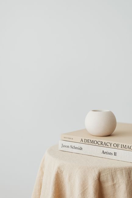 A minimalist arrangement of a vase atop art books on a draped table.