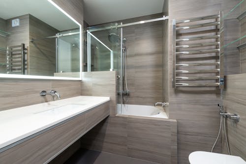 Bathroom with Stainless Steel Fixtures