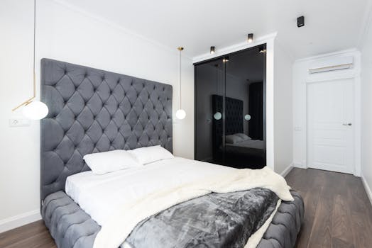 A sleek bedroom design featuring a gray upholstered bed and elegant lighting, perfect for modern interiors.