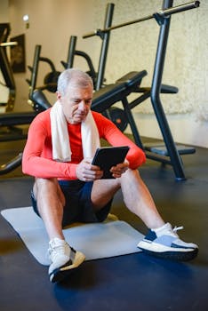 Elderly man in sportswear using a tablet while sitting on a mat in a gym.