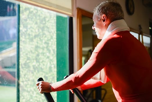 Elderly man working out on exercise bike with towel in a sunny gym.
