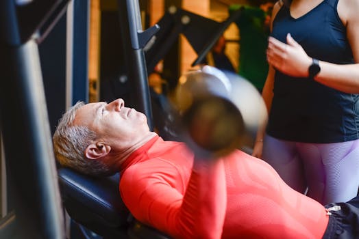 Elderly man exercising with a barbell at the gym under supervision.