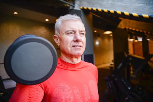 Elderly man in a gym wearing a red shirt, lifting a dumbbell, showcasing active lifestyle.