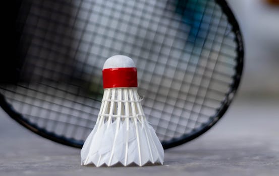 A detailed close-up image showcasing a badminton shuttlecock with a racket in the background.