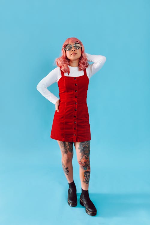 Free Stylish Woman Wearing Red Overalls Stock Photo