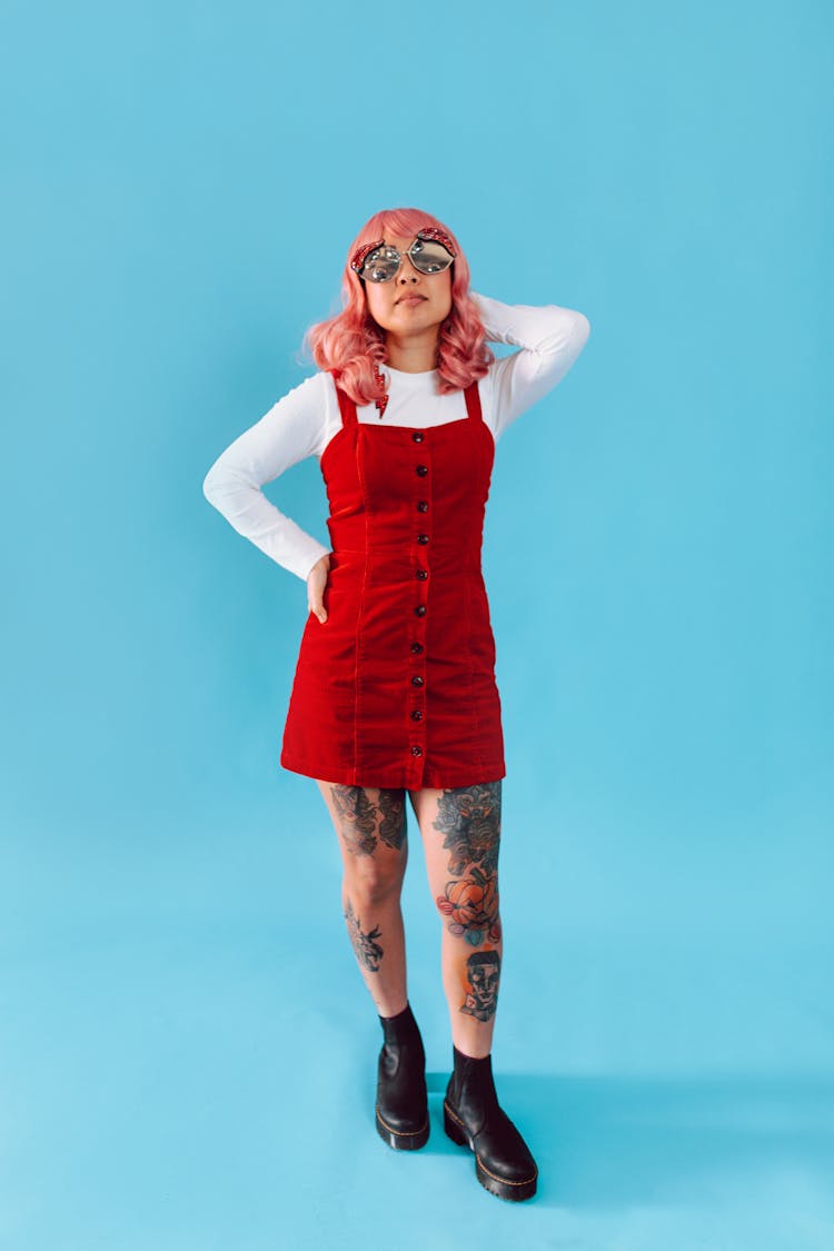 Stylish Woman Wearing Red Overalls