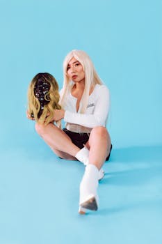 Woman displaying a black and blonde wig on a vibrant blue background, showcasing contemporary fashion.