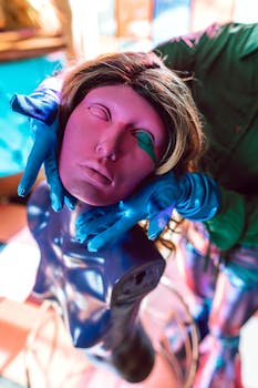 Vivid mannequin head with wavy hair held by blue-gloved hands in an artistic setting.
