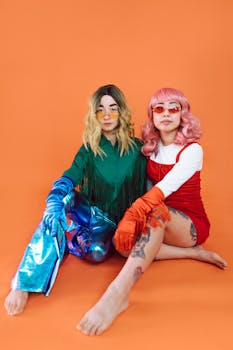 Vibrant fashion portrait of young women in colorful outfits against an orange backdrop.